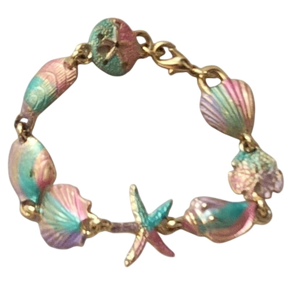 Vtg 1980s Satin Enamel Starfish and Shell Link Bracelet
